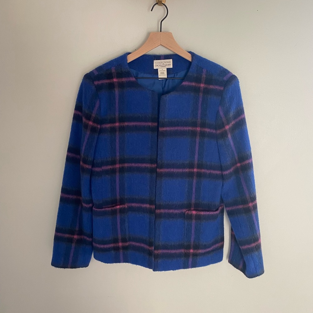 Vintage 90s blue and‎ pink plaid wool blend jacket